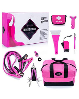 Pretty Pink Roadside Kit - Pink Emergency Kit For Teen Girls And Women - Car Accessories For Women - Durable Carry Bag With Pink Jumper Cables, First Aid Kit, Pink Tools, 5 Year Warranty