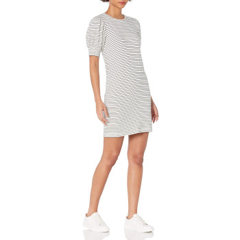 carkartEssentials Womens Supersoft Terry Relaxed-Fit Short Puff-Sleeve Dress (Previously Daily Ritual), Whiteblack, Stripe, Small