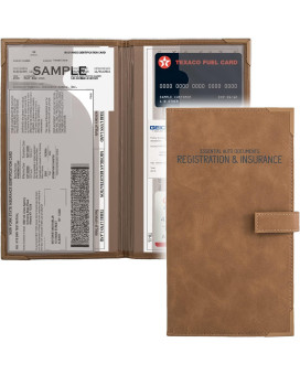Auto Insurance And Registration Card Holder - Vehicle Glove Box Document Organizer - Car Essential Paperwork Holder For Dmv, Aaa, Contact Information Cards - Premium Pu Leather Wallet Case - Brown