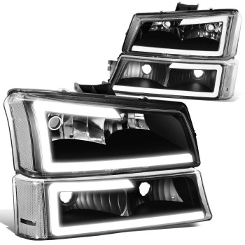 Auto Dynasty 4Pcs Led Drl Bumper Headlight Lamps Compatible With Chevy Silverado Avalanche 1500 2500 3500 03-07, Driver And Passenger Side, Black Housing Clear Corner