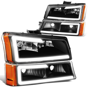 Auto Dynasty 4Pcs Led Drl Bumper Headlight Lamps Compatible With Chevy Silverado Avalanche 1500 2500 3500 03-07, Driver And Passenger Side, Black Housing Amber Corner