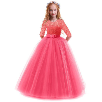 Flower Girl Long Princess Dress Vintage Lace Maxi Gown Kids Formal Wedding Bridesmaid Pageant Tulle Dresses Little Big Girls Elegant Bow Dance First Communion Birthday Prom Dresses Watermelon Red 3-4Y