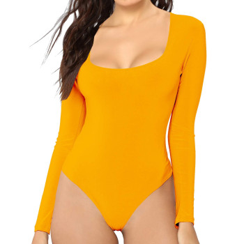 Mangdiup Womens Scoop Neck Long Sleeve Basic Bodysuits Jumpsuits (Orange, M)