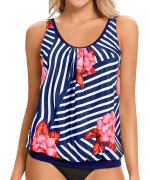 Yonique Womens Blouson Tankini Top No Bottom Loose Fit Swim Top Modest Tank Top Bluewhite Floral Striped Xl