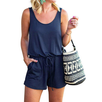 Kirundo 2023 Womens Casual Summer Sleeveless Jumpsuits Crewneck Tie Waist Tank Top Short Romper Pajama With Pockets(Medium, Navy)