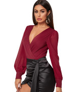 Wdirara Womens Deep V Neck Long Sleeve Solid Wrap Surplice Bodysuit Burgundy-3 S