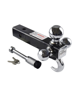 Toptow 64180L Trailer Receiver Hitch Triple Ball Mount With Hook, Fits For 2 Inch Receiver, Chrome Balls, 2 Inch Shank, With 58 Inch Lock