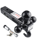 Toptow 64181L Trailer Receiver Hitch Triple Ball Mount With Hook, Black Balls, With Lock, Fits For 2 Inch Receiver