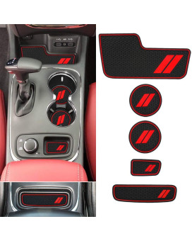 Auovo Center Console Mats For Durango Accessories 2014 2015 2016 2017 2018 2019 2020 Auto Car Cup Holder Insertcoasters Custom Fit Cup Liners Pads Interior Decoration (5Pcsset, Red Trim)