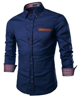 Coofandy Mens Casual Cotton Long Sleeve Denim Dress Shirt Plaid Collar Slim Fit Button Down Shirt