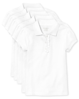 The Childrens Place Girls Short Sleeve Ruffle Pique Polo,White 5 Pack,L (1012)