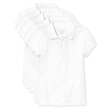 The Childrens Place Girls Short Sleeve Ruffle Pique Polo,White 5 Pack,L (1012)