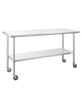 Hally Stainless Steel Table For Prep Work 24 X 72 Inches With Caster Wheels, Nsf Commercial Heavy Duty Table With Undershelf And Galvanized Legs For Restaurant, Home And Hotel