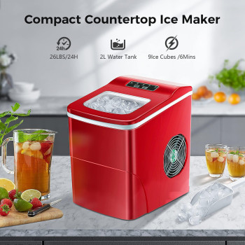 AGLUCKY Counter top Ice Maker Machine,Compact Automatic Ice Maker,9 Cubes Ready in 6-8 Minutes,Portable Ice Cube Maker with Scoop and Basket,Perfect for Home/Kitchen/Office/Bar (Red)