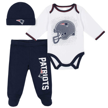 Nfl New England Patriots 3 Pack Bodysuit Footed Pant And Cap Registry Gift Set, Bluewhite New England Patriots, 0-3M