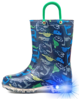 Hugrain Toddler Boys Rain Boots Baby Little Kids Light Up Printed Waterproof Shoes Lightweight Rubber Adorable Dinosaur Blue With Easy-On Handles Non Slip(Size 8,Blue)