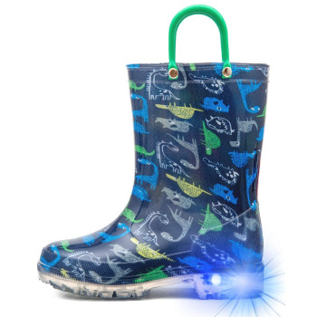 Hugrain Toddler Boys Rain Boots Baby Little Kids Light Up Printed Waterproof Shoes Lightweight Rubber Adorable Dinosaur Blue With Easy-On Handles Non Slip(Size 8,Blue)