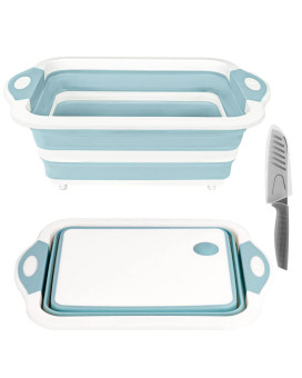 Rottogoon Collapsible Cutting Board, Foldable Chopping Board With Colander, Multifunctional Kitchen Vegetable Washing Basket Silicone Dish Tub For Bbq Preppicniccamping(Light Blue)