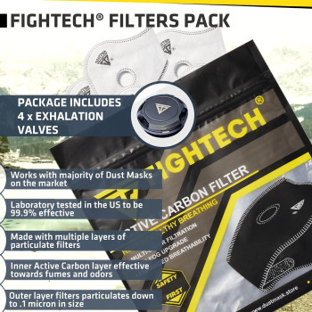 Dust Mask Filter Replacements Package | 10 FIGHTECH Authentic Carbon Filters for Dust Mask and 4 Discharge Valves | Air Filters with Safety Goggles Fogging Up Protection (FF-N1 Carbon)