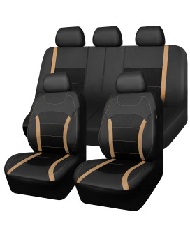 Car-Grand Luxury Leather And Breathable Spacer Mesh Universal Fit Full Set Car Seat Covers, Seat Protector,Airbag Compatible (Black Beige)