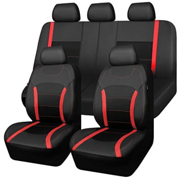 Car-Grand Luxury Leather Breathable Spacer Mesh Universal Fit Full Set Car Seat Covers Full Set, Sport Seat Protector, Airbag Compatible For Suv Car Trucks (Black Red)