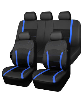 Car-Grand Luxury Leather And Breathable Spacer Mesh Universal Fit Full Set Car Seat Covers, Seat Protector,Airbag Compatible (Black Blue)