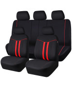 Car-Grand Universal Stylish Piping Cloth Car Seat Covers Full Set, Breathable And Washable Automotive Seat Covers With Air Compatible,3 Zipper Bench Design,Fit 90 Suv,Truck,Sedan (Black-Red Strips)