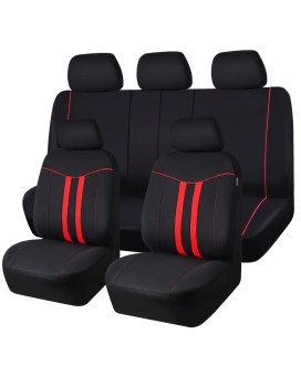 Car-Grand Universal Stylish Piping Cloth Car Seat Covers Full Set, Breathable And Washable Automotive Seat Covers With Air Compatible,3 Zipper Bench Design,Fit 90 Suv,Truck,Sedan (Black-Red Strips)