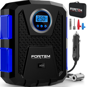 Fortem Tire Inflator Portable Air Compressor 150 Psi, Bike Pump, 12V Electric Air Pump For Car Tires And Bicycles Wled Light, Digital Tire Pressure Gauge Wauto Pumpshut Off, Carrying Case (Blue)