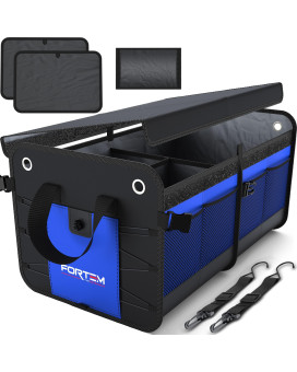 Fortem Car Trunk Organizer, Suv Trunk Organizer, Car Storage Organizer, Collapsible Multi Compartment Car Organizer, Non Slip Bottom, Adjustable Securing Straps, Foldable Cover (2 Compartments, Blue)