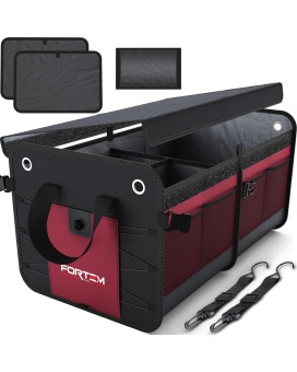 Fortem Car Trunk Organizer, Suv Trunk Organizer, Car Storage Organizer, Collapsible Multi Compartment Car Organizer, Non Slip Bottom, Adjustable Securing Straps, Foldable Cover (2 Compartments, Red)