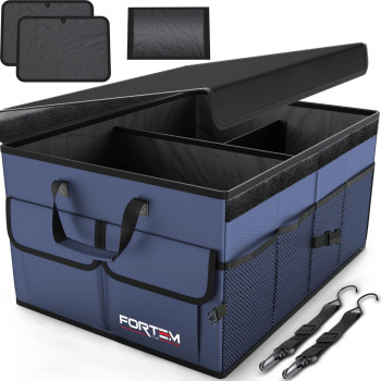 Fortem Car Trunk Storage Organizer, Collapsible Multi Compartment , Suv Trunk Organizer, Non Slip Bottom, Adjustable Securing Straps, Foldable Cover (Blue, Large Size)