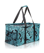 Lucazzi Extra Large Utility Tote Bag - Oversized Collapsible Reusable Wire Frame Rectangular Canvas Basket With Two Exterior Pockets For Beach, Pool, Laundry, Car Trunk, Storage - Paisley Blue