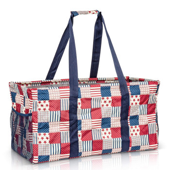 Lucazzi Extra Large Utility Tote Bag - Oversized Collapsible Reusable Wire Frame Rectangular Canvas Basket With Two Exterior Pockets For Beach, Pool, Laundry, Car Trunk, Storage - Patriotic Americana