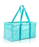 Lucazzi Extra Large Utility Tote Bag - Oversized Collapsible Reusable Wire Frame Rectangular Canvas Basket With Two Exterior Pockets For Beach, Pool, Laundry, Car Trunk, Storage - Geometric Teal