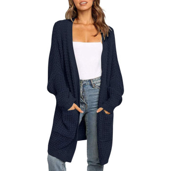 Zesica Womens 2023 Fall Long Batwing Sleeve Open Front Chunky Knit Cardigan Sweater,Navy,X-Large