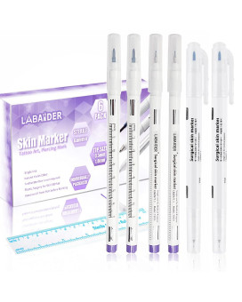 LabAider 6Pcs Professional Surgical Tip Skin Marker Pen Sterile Tattoo Stencil Markers Pen with Paper Ruler for Eyebrow, Lips, Skin- Individually Sterile Wrapped (0.5MM&1MM)