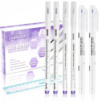 LabAider 6Pcs Professional Surgical Tip Skin Marker Pen Sterile Tattoo Stencil Markers Pen with Paper Ruler for Eyebrow, Lips, Skin- Individually Sterile Wrapped (0.5MM&1MM)