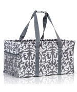 Lucazzi Extra Large Utility Tote Bag - Oversized Collapsible Reusable Wire Frame Rectangular Canvas Basket With Two Exterior Pockets For Beach, Pool, Laundry, Car Trunk, Storage - Damask Gray