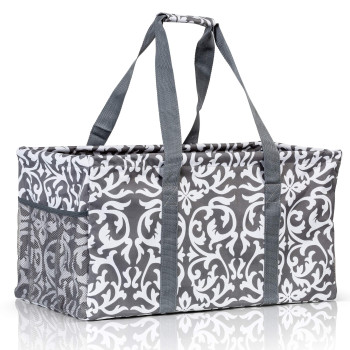 Lucazzi Extra Large Utility Tote Bag - Oversized Collapsible Reusable Wire Frame Rectangular Canvas Basket With Two Exterior Pockets For Beach, Pool, Laundry, Car Trunk, Storage - Damask Gray