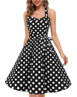 Topdress Womens Vintage Polka Audrey Dress 1950S Halter Retro Cocktail Dress Black Dot Xl New