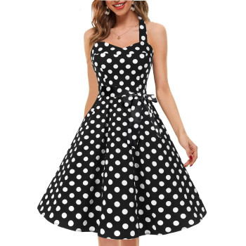 Topdress Womens Vintage Polka Audrey Dress 1950S Halter Retro Cocktail Dress Black Dot Xl New