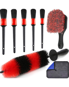 Wheel Tire Brush Set Car Detailing Kit 8Pcs By Takavu, 17A Long Soft Bristle Wheel Brush, 5Pcs Detail Brushes, Tire Brush & Microfiber Cleaning Cloth For Cleaning Wheels, Dashboard, Interior, Exterior