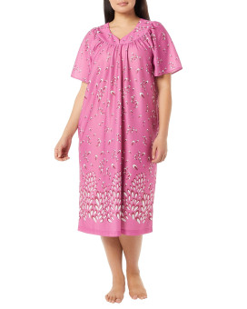 Amerimark Womens Womens Plus Floral Flower Lounge Dress- Short Sleeve Gown Sleepwear For Ladies, Mauve Petals, 2X