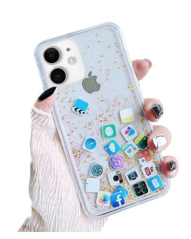 Unnfiko Liquid Glitter Case Compatible With Iphone 12 Mini, Hard Back Colorful Bling Quicksand With Ios Icon Apple App Shine Phone Case (Gold Giltter, Iphone 12 Mini)