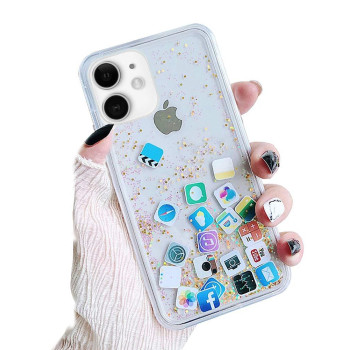 Unnfiko Liquid Glitter Case Compatible With Iphone 12 Mini, Hard Back Colorful Bling Quicksand With Ios Icon Apple App Shine Phone Case (Gold Giltter, Iphone 12 Mini)