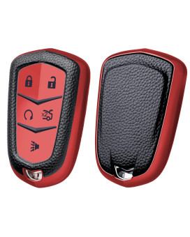 Elohei Key Fob Cover For Cadillac, Key Fob Case For 2015-2019 Cadillac Escalade Cts Srx Xt5 Ats Sts Ct6 5-Buttons Premium Soft Tpu 361 Degree Full Protection (Leather Texture Red)