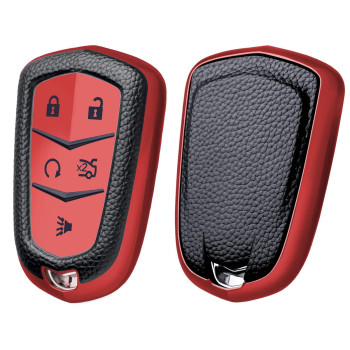 Elohei Key Fob Cover For Cadillac, Key Fob Case For 2015-2019 Cadillac Escalade Cts Srx Xt5 Ats Sts Ct6 5-Buttons Premium Soft Tpu 361 Degree Full Protection (Leather Texture Red)