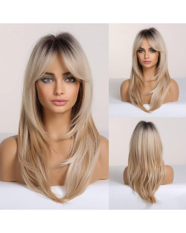 Haircube Long Blonde Wigs For Women, Layered Synthetic Hair Wig With Dark Roots For Daily Party