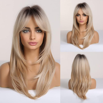 Haircube Long Blonde Wigs For Women, Layered Synthetic Hair Wig With Dark Roots For Daily Party